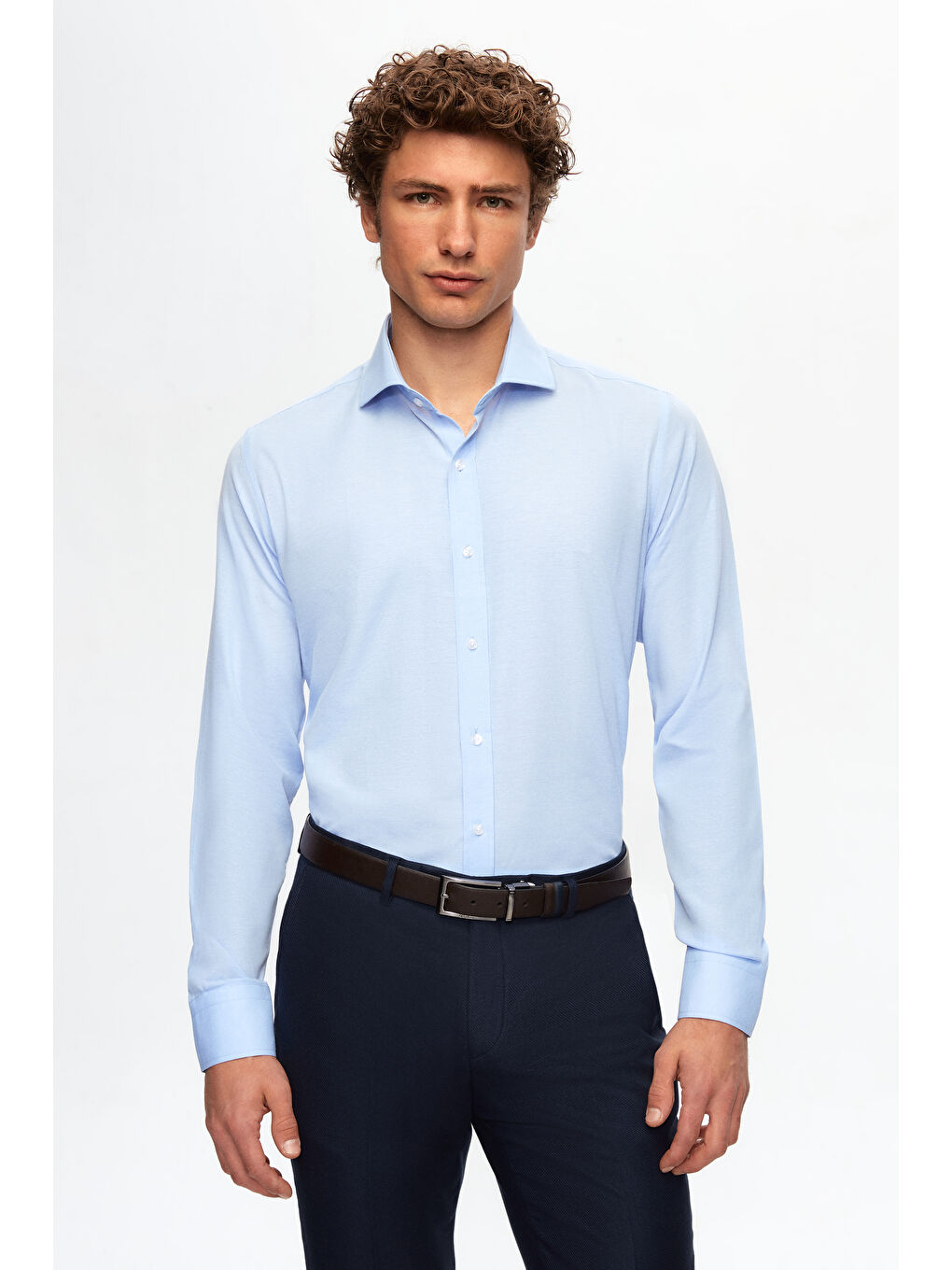 Slim Fit Açık Mavi Klasik Kravatlık Uzun Kol Kolay Ütülenebilir Gömlek