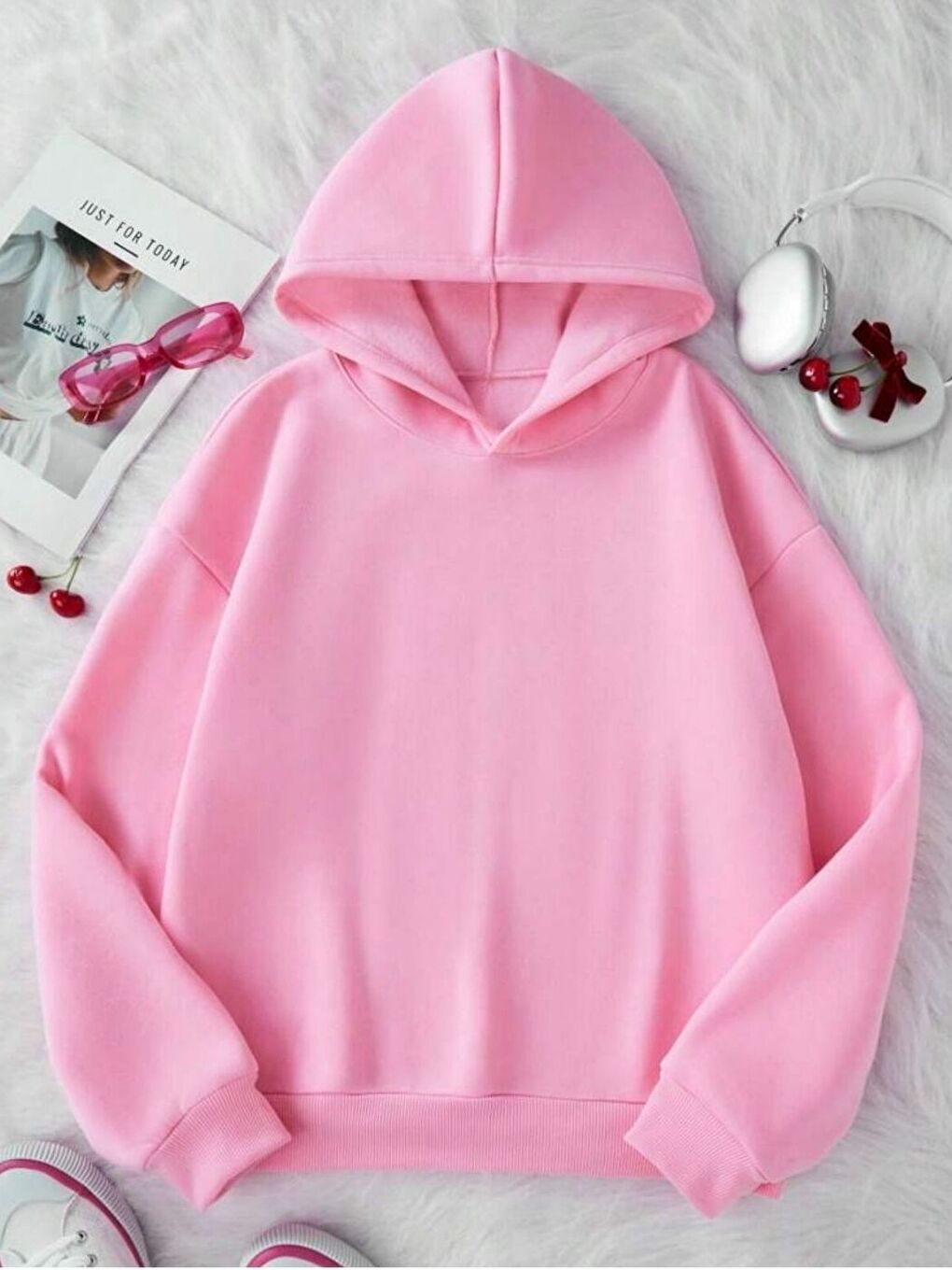 Kadın Pembe New Cherry Baskılı Kapüşonlu Sweatshirt-1