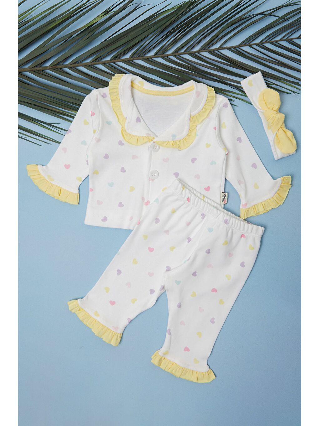 Sarı Bandanalı Kalpli Fırfırlı Kız Çocuk Pijama Takımı