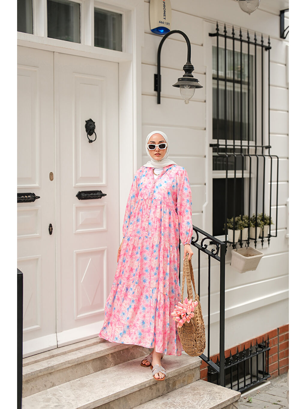 Kadın Sulu Boya Çicek Desen Elbise Pembe-1