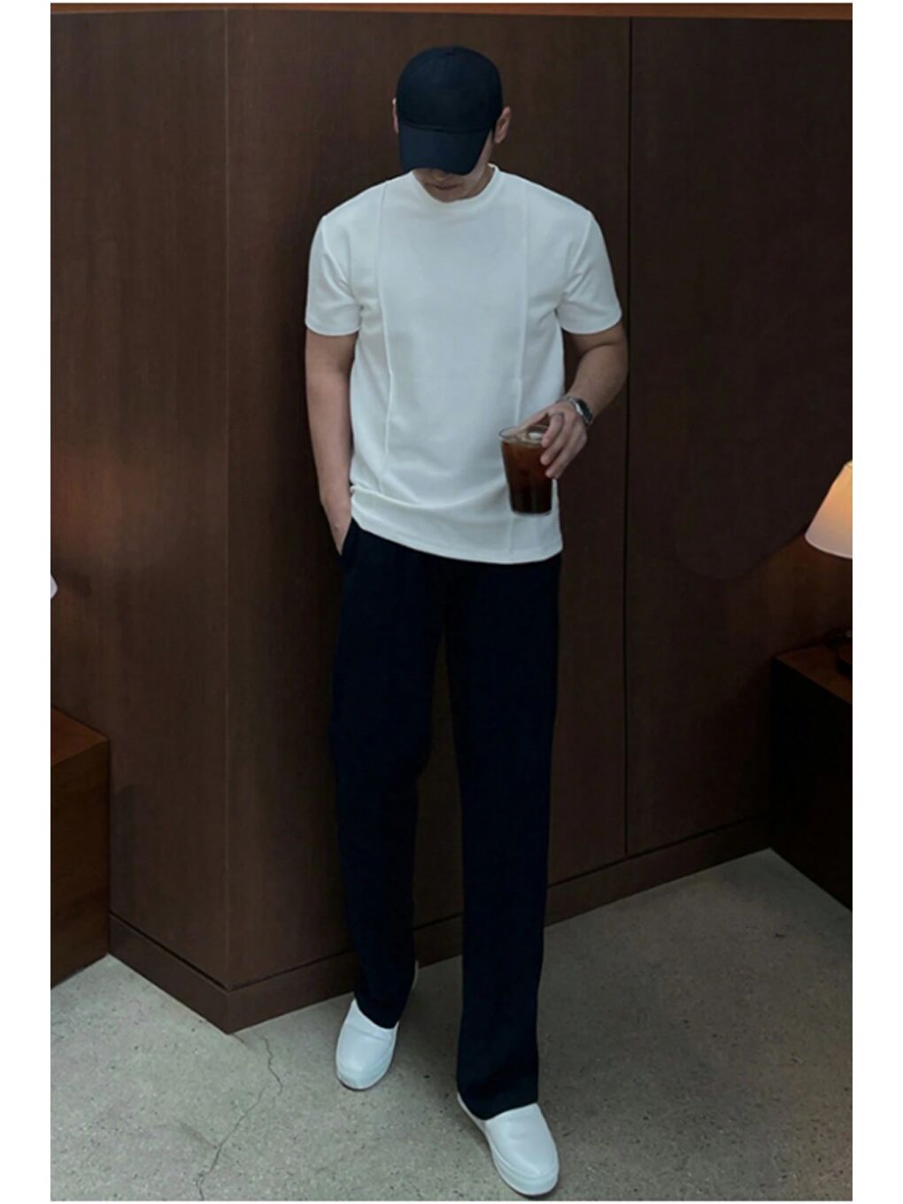 Beyaz Erkek Çizgi Detaylı Slim Fit Tişört Bisiklet Yaka Casual Pamuklu T-shirt-1