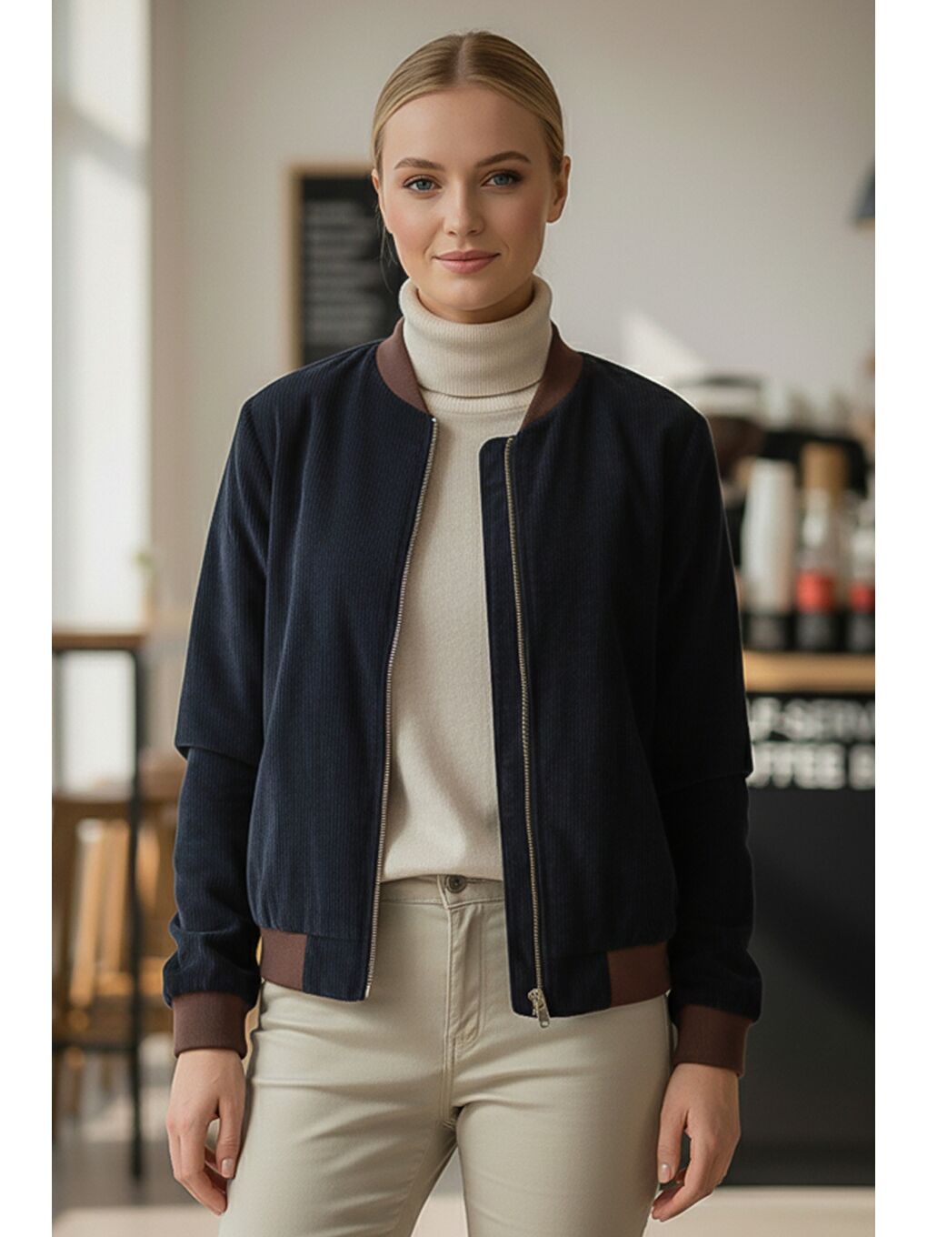 İtalyan Lacivert Bomber Yaka Manşetli Kollu Fermuarlı Cepsiz Astarsız Dokuma Bomber Ceket 68 65-3