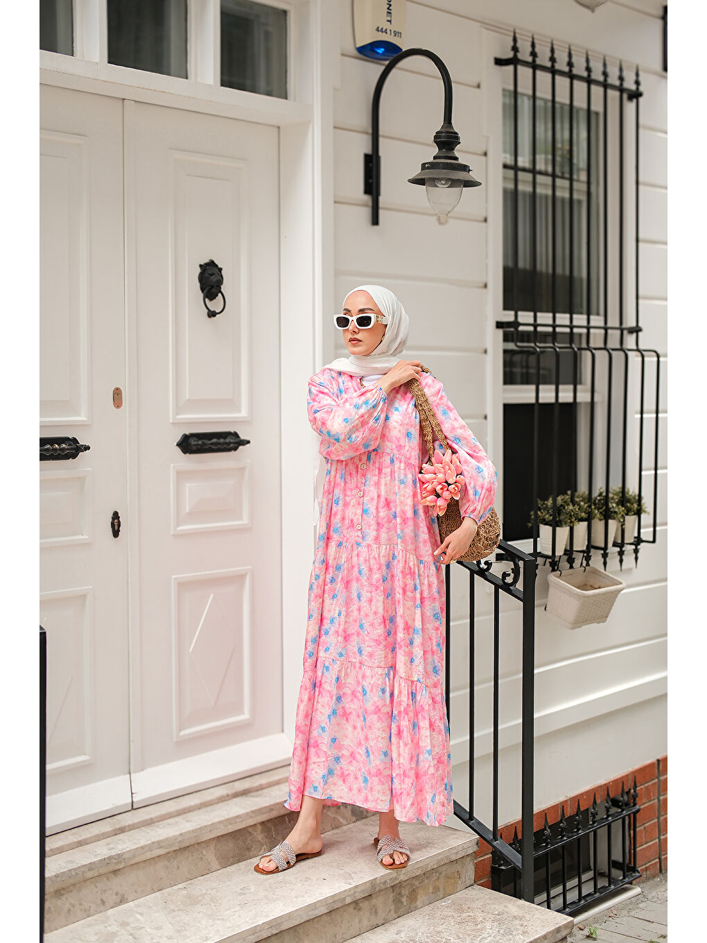 Kadın Sulu Boya Çicek Desen Elbise Pembe-2