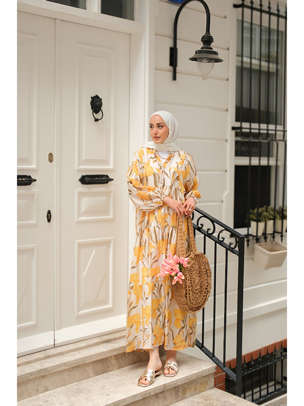 Kadın Flora Çicek Desenli Elbise Sarı