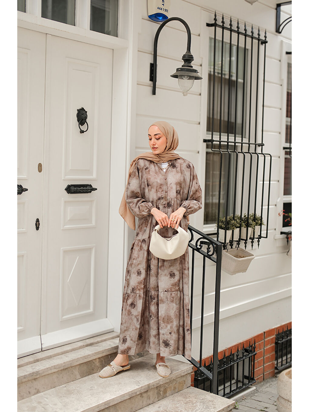 Kadın Sisli Çicek Desenli Elbise Gri-2