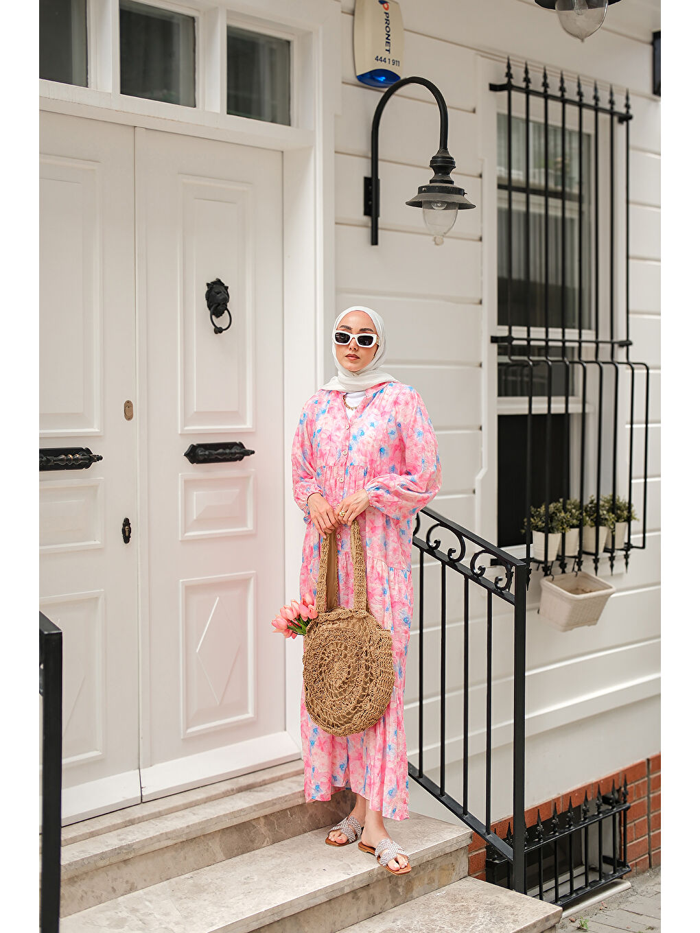 Kadın Sulu Boya Çicek Desen Elbise Pembe-3