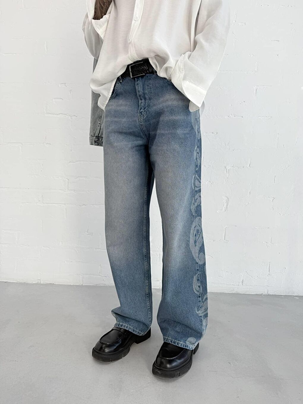 Erkek Desenli Super Baggy Jean Mavi