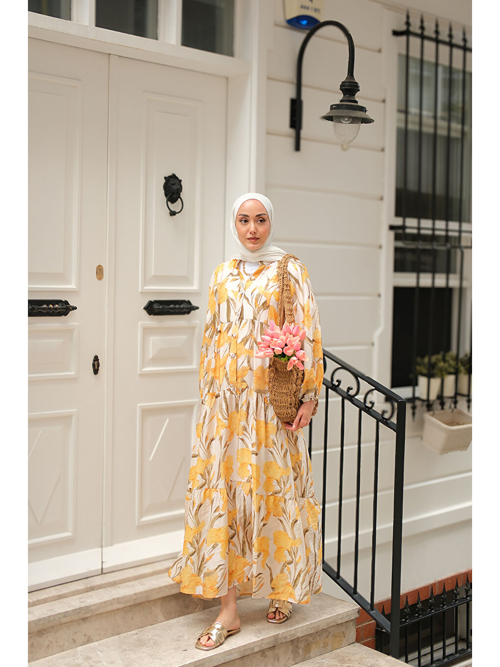 Kadın Flora Çicek Desenli Elbise Sarı-1