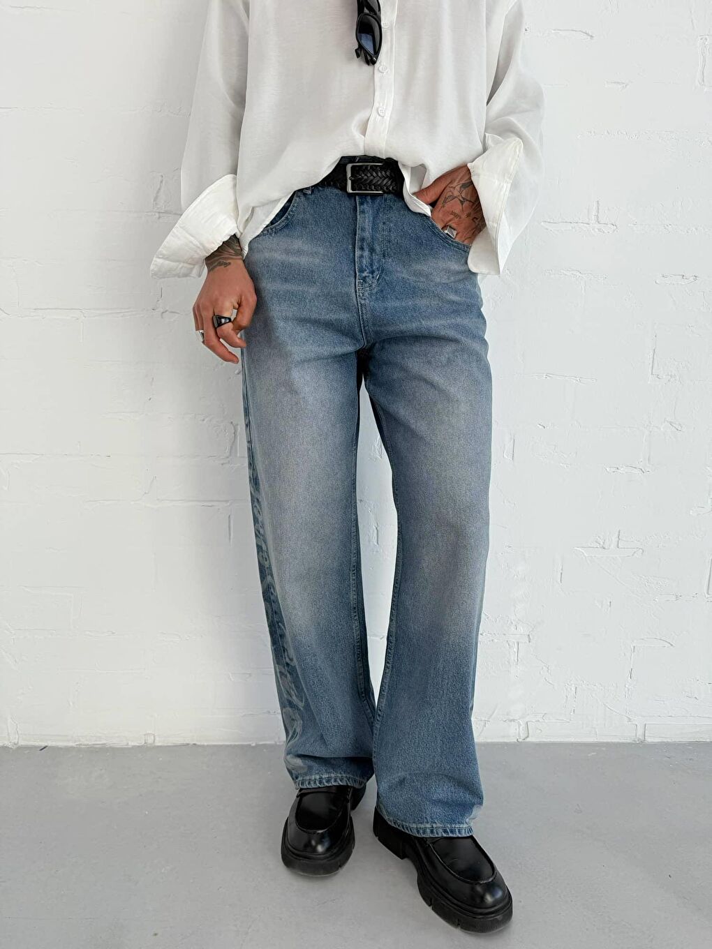 Erkek Desenli Super Baggy Jean Mavi-1