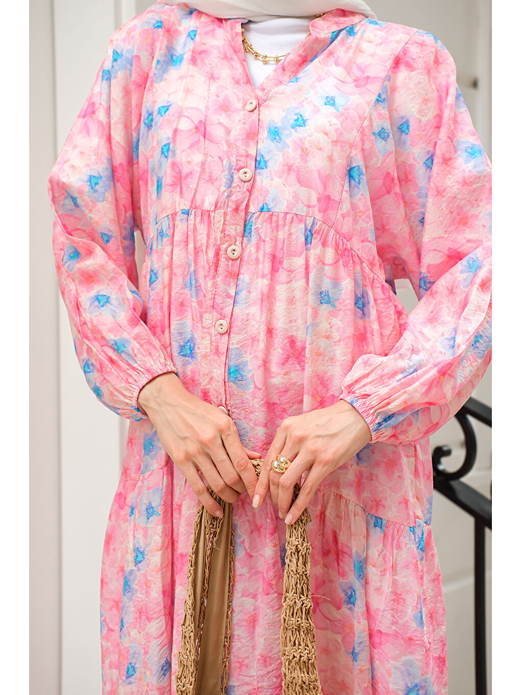 Kadın Sulu Boya Çicek Desen Elbise Pembe-4