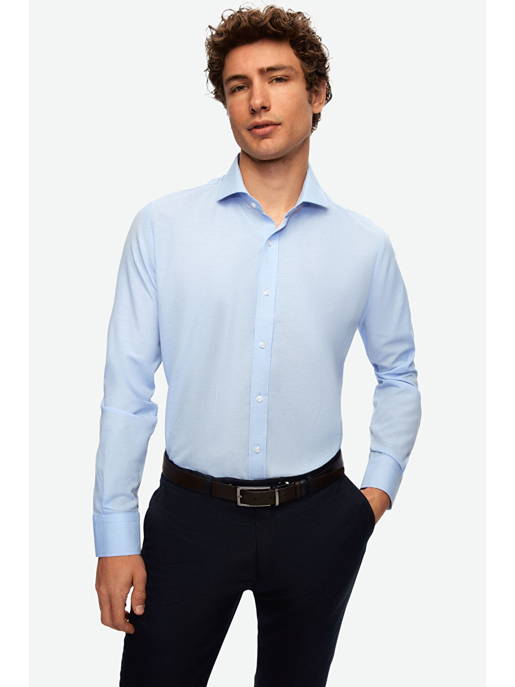 Slim Fit Açık Mavi Klasik Kravatlık Uzun Kol Kolay Ütülenebilir Gömlek-2