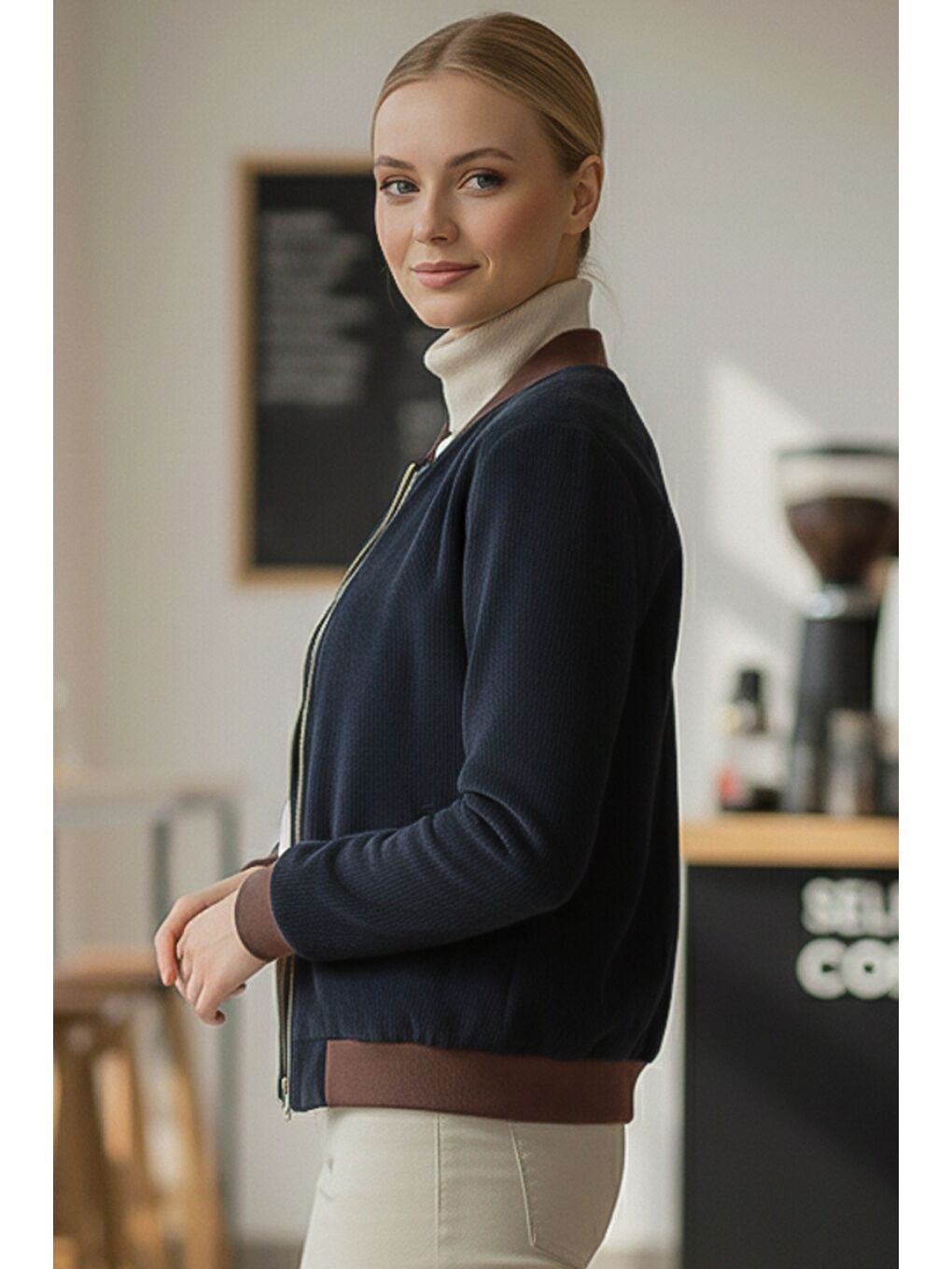 İtalyan Lacivert Bomber Yaka Manşetli Kollu Fermuarlı Cepsiz Astarsız Dokuma Bomber Ceket 68 65-4