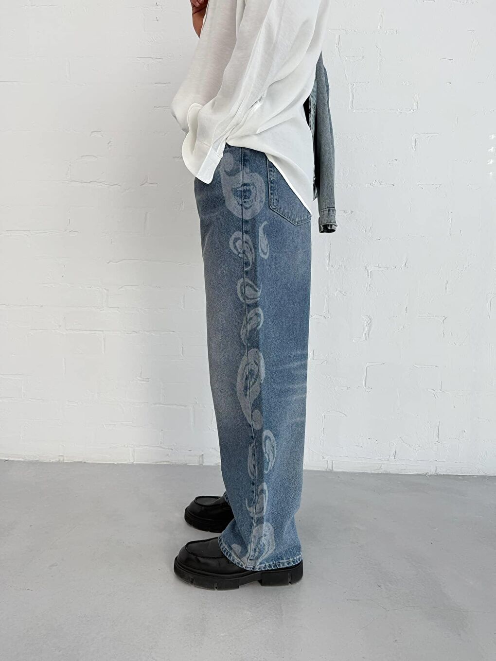 Erkek Desenli Super Baggy Jean Mavi-2