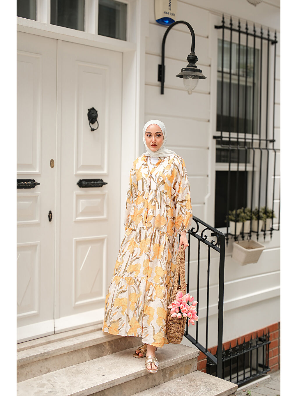 Kadın Flora Çicek Desenli Elbise Sarı-2