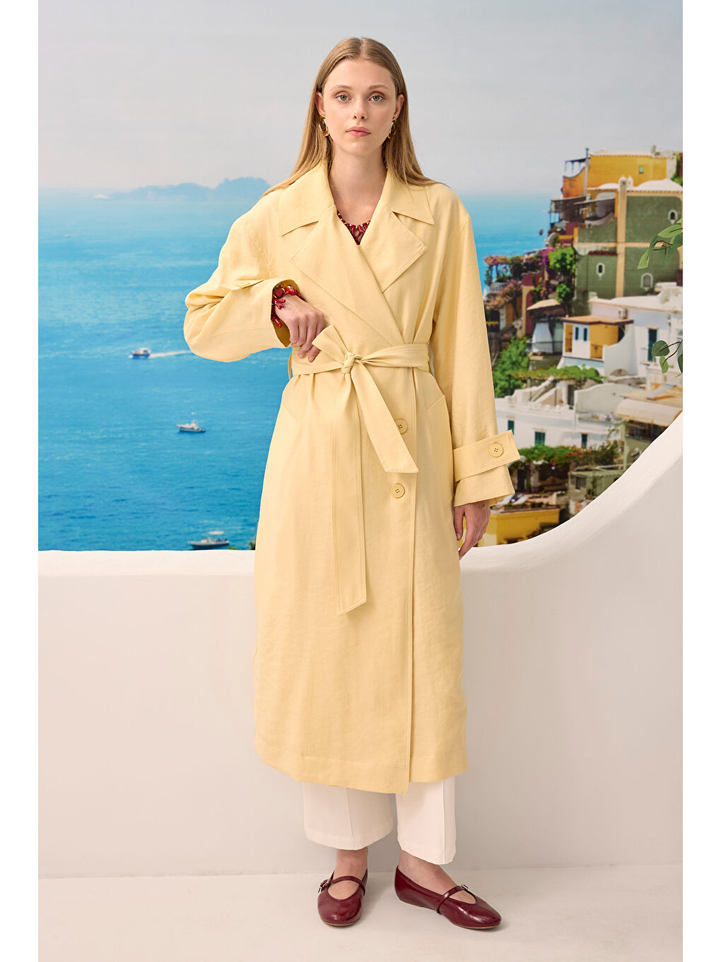 Düğmeli Uzun Trençkot Soft Sarı-1