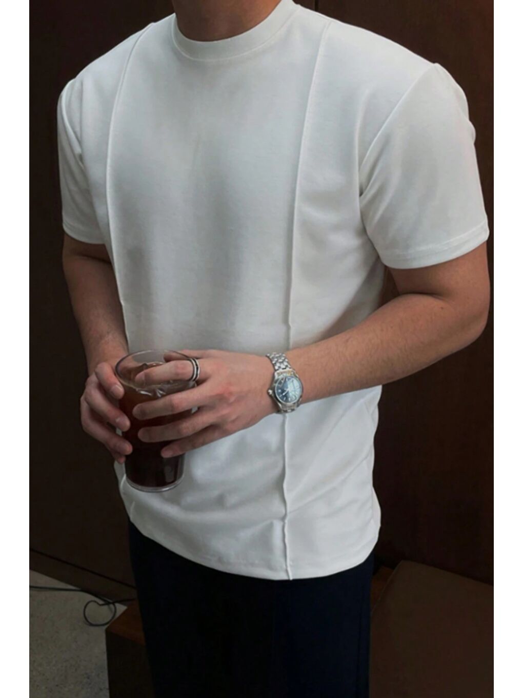 Beyaz Erkek Çizgi Detaylı Slim Fit Tişört Bisiklet Yaka Casual Pamuklu T-shirt-2