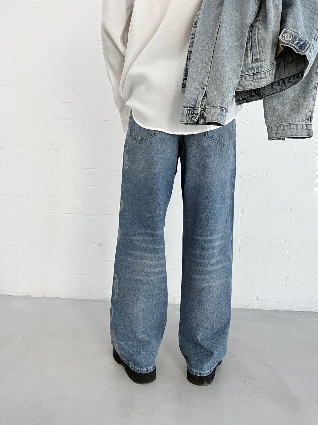 Erkek Desenli Super Baggy Jean Mavi-3