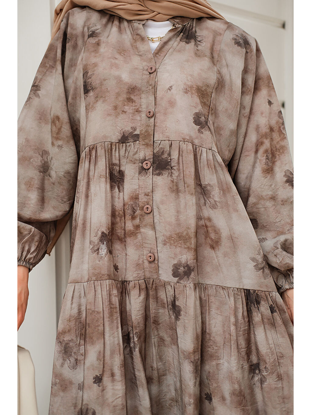 Kadın Sisli Çicek Desenli Elbise Gri-3