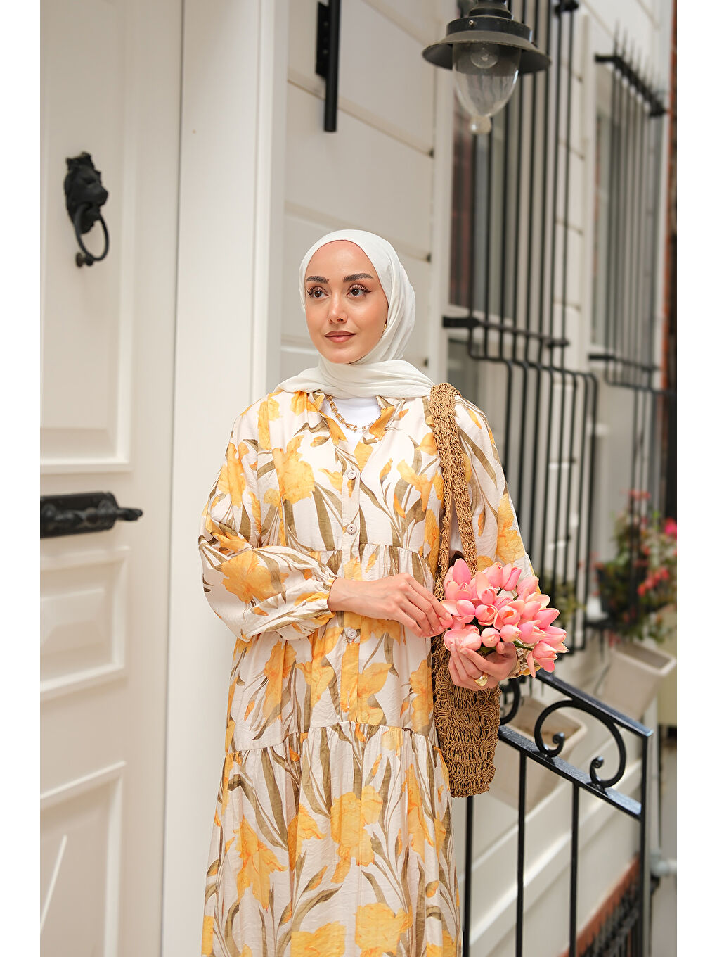 Kadın Flora Çicek Desenli Elbise Sarı-3