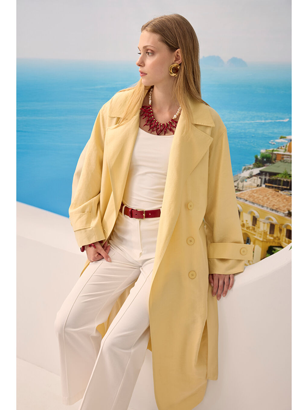 Düğmeli Uzun Trençkot Soft Sarı-2