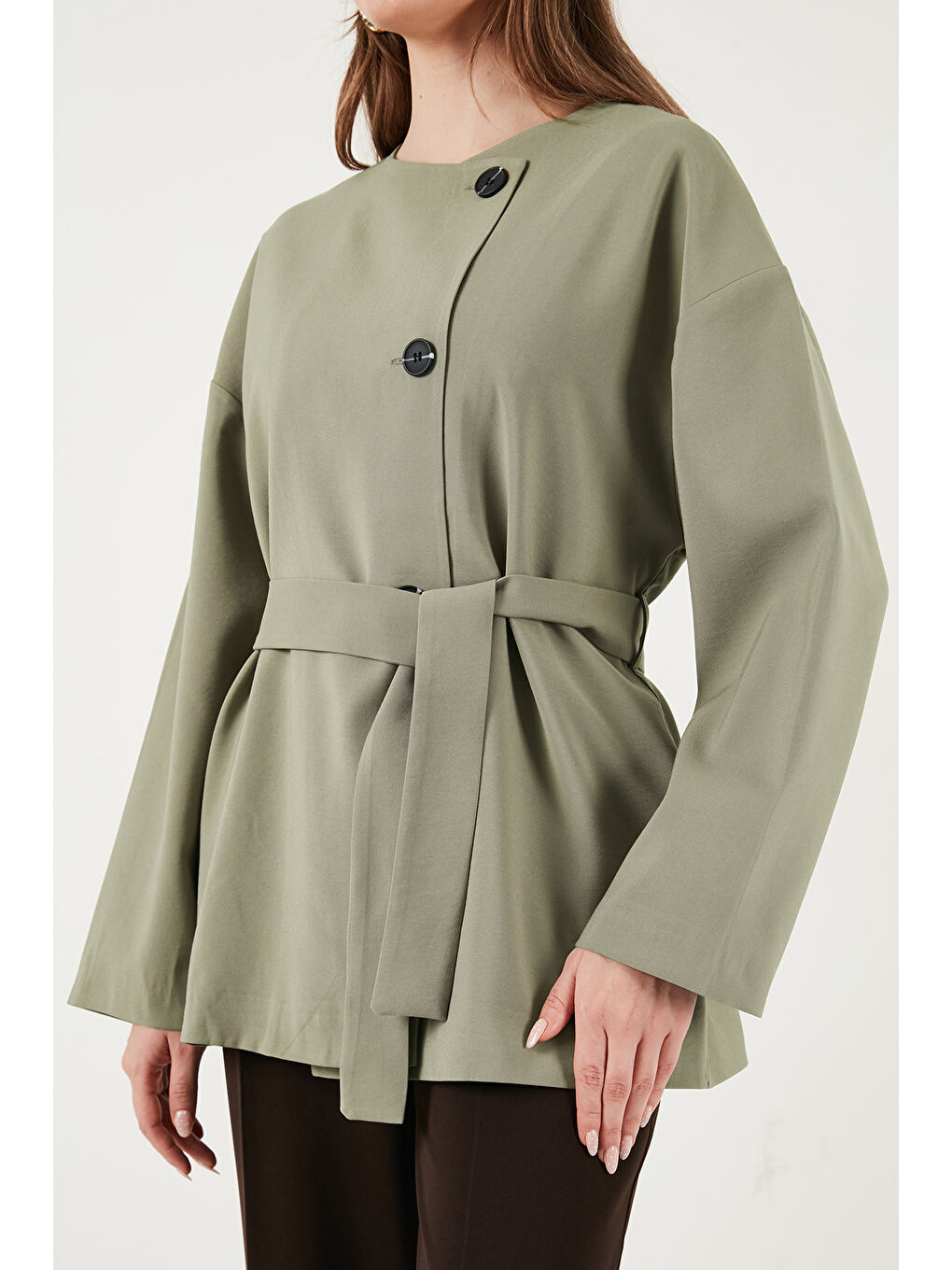 Haki Regular Fit Bisiklet Yaka Kemer Detaylı Trençkot 6927672-4