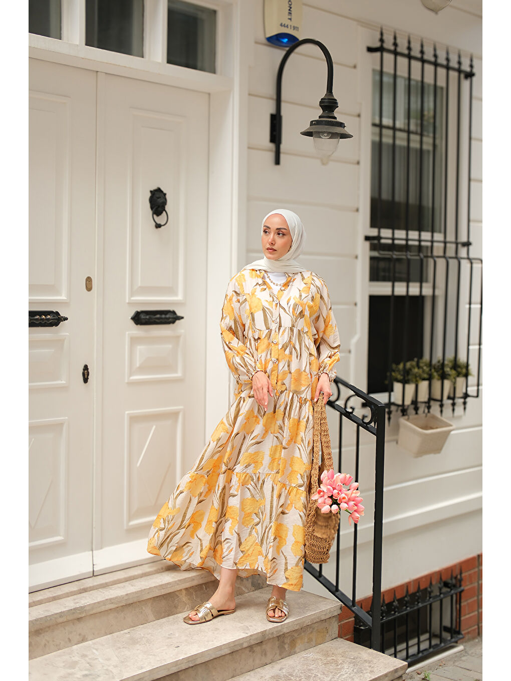 Kadın Flora Çicek Desenli Elbise Sarı-4