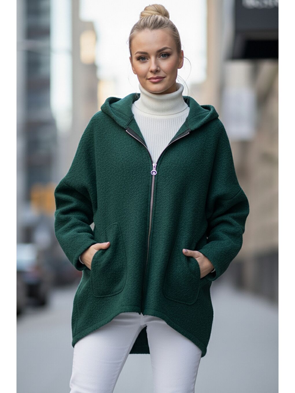 İtalyan Çam Yeşili Kapüşonlu Uzun Kol Fermuarlı Cepli Casual Buklet Oversize Dokuma Ceket 75 80