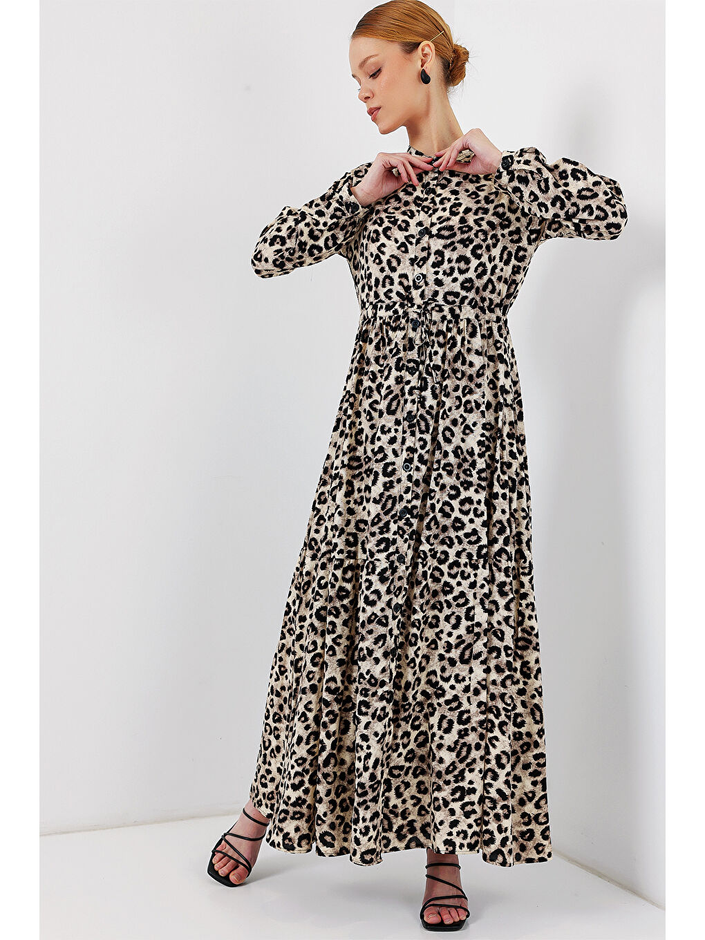 2144 Hakim Yaka Tesettür Elbise - K. Bej-1