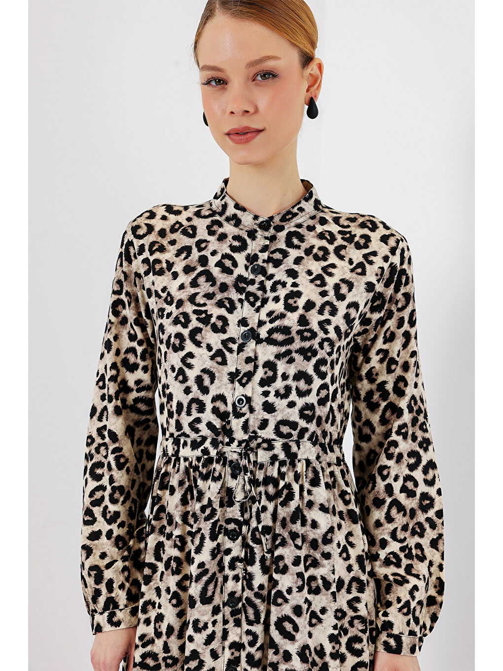 2144 Hakim Yaka Tesettür Elbise - K. Bej-2