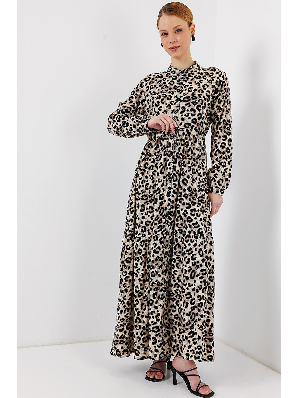 2144 Hakim Yaka Tesettür Elbise - K. Bej-3