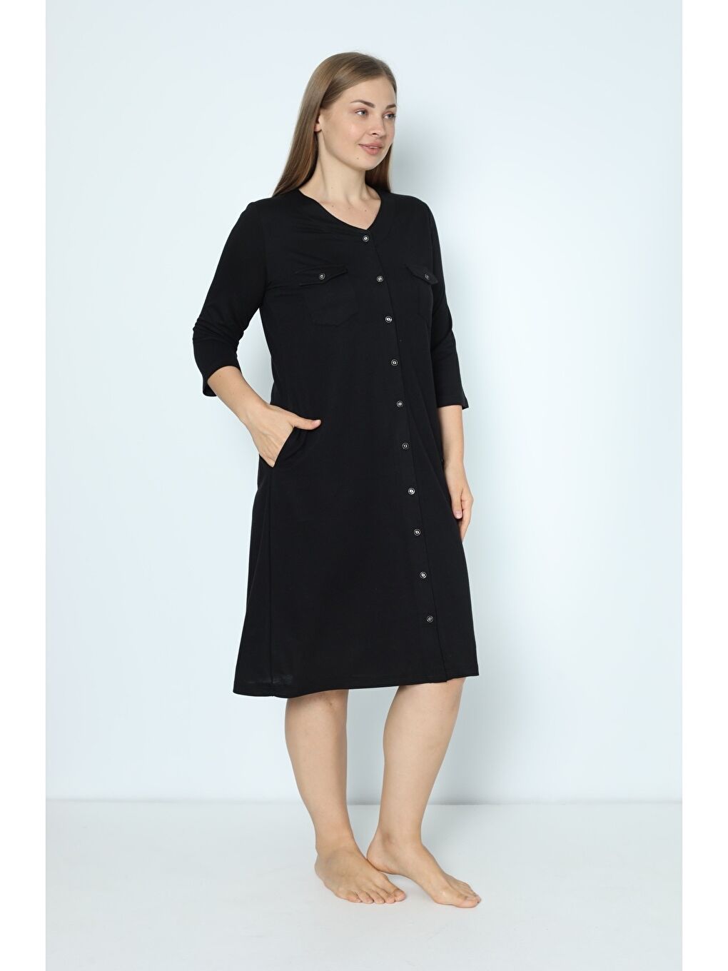 Siyah Cepli V Yaka Düğmeli Büyük Beden Iki Iplik Elbise-2