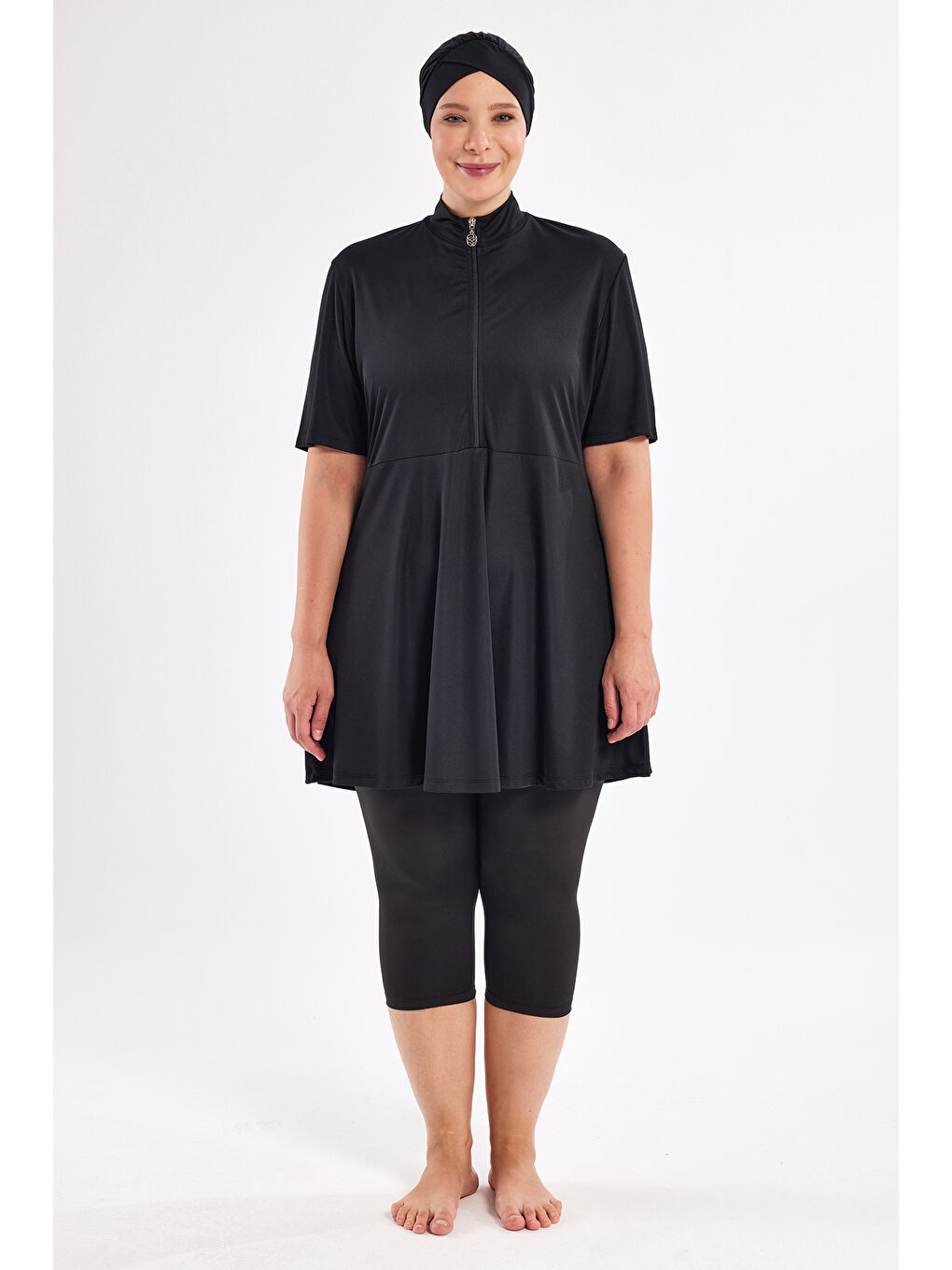 Büyük Beden Kısa Kollu Yarı Kapalı Mayo 3803 Siyah-1