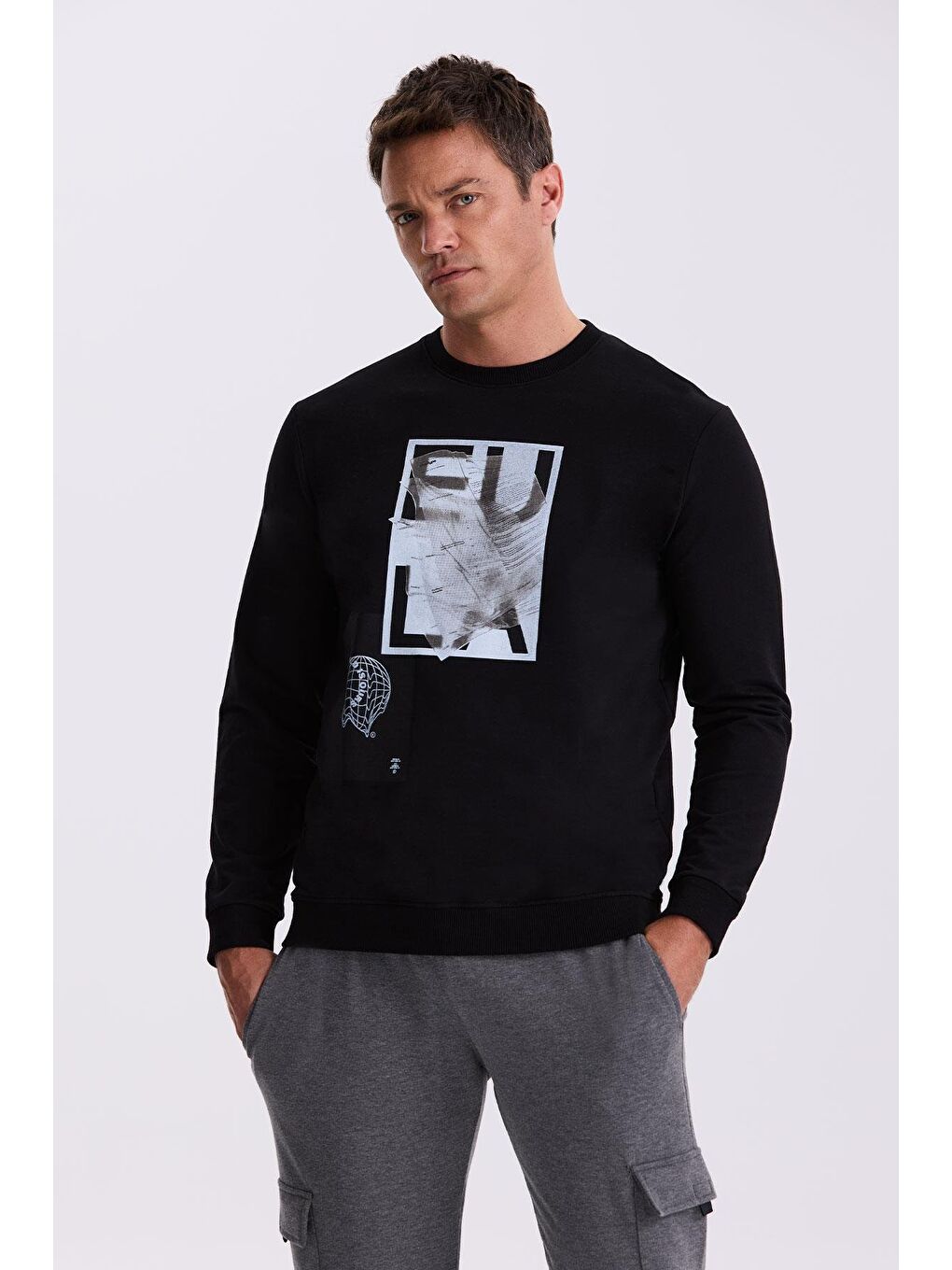 Siyah Slim Fit Bisiklet Yaka %100 Pamuk Sweatshirt