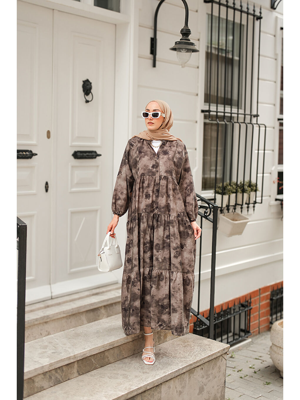 Kadın Sisli Çicek Desenli Elbise Antrasit