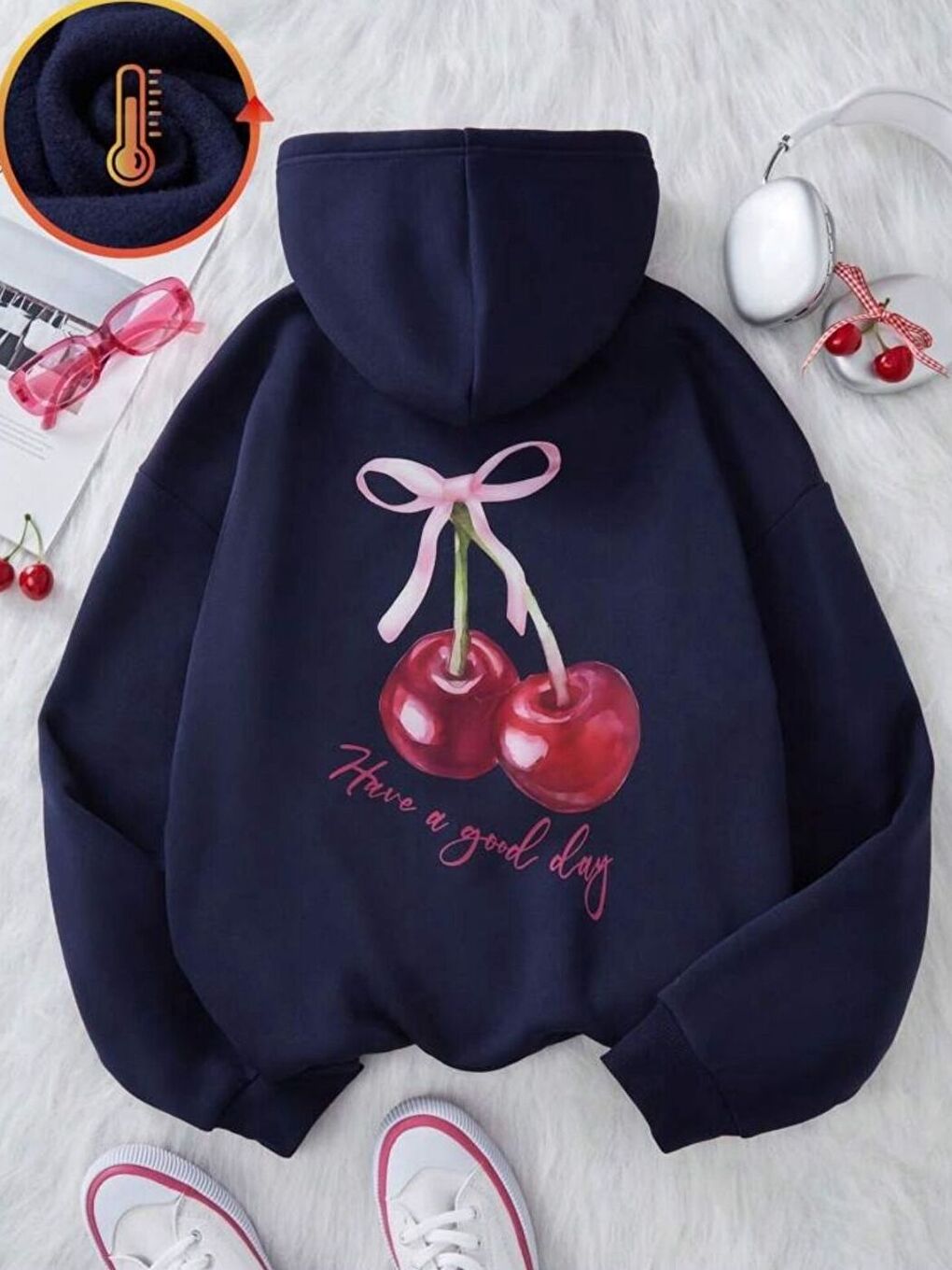 Lacivert Kadın Laci New Cherry Baskılı Kapüşonlu Sweatshirt