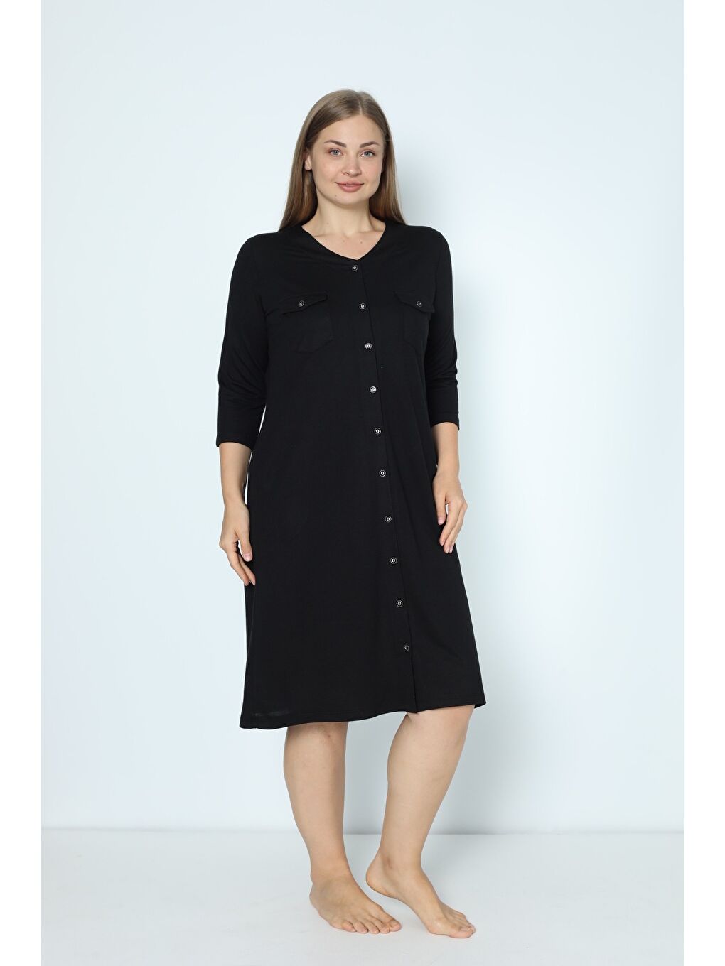 Siyah Cepli V Yaka Düğmeli Büyük Beden Iki Iplik Elbise-3