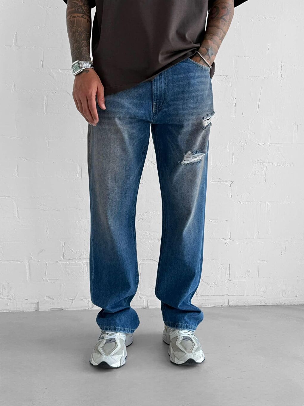 Erkek Yırtık Soluk Efektli Baggy Fit Jean Mavi-1