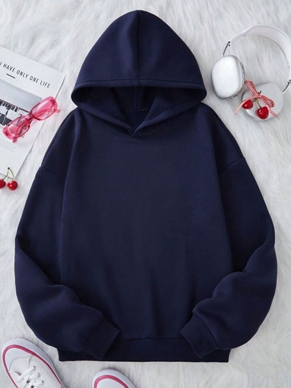 Lacivert Kadın Laci New Cherry Baskılı Kapüşonlu Sweatshirt-1