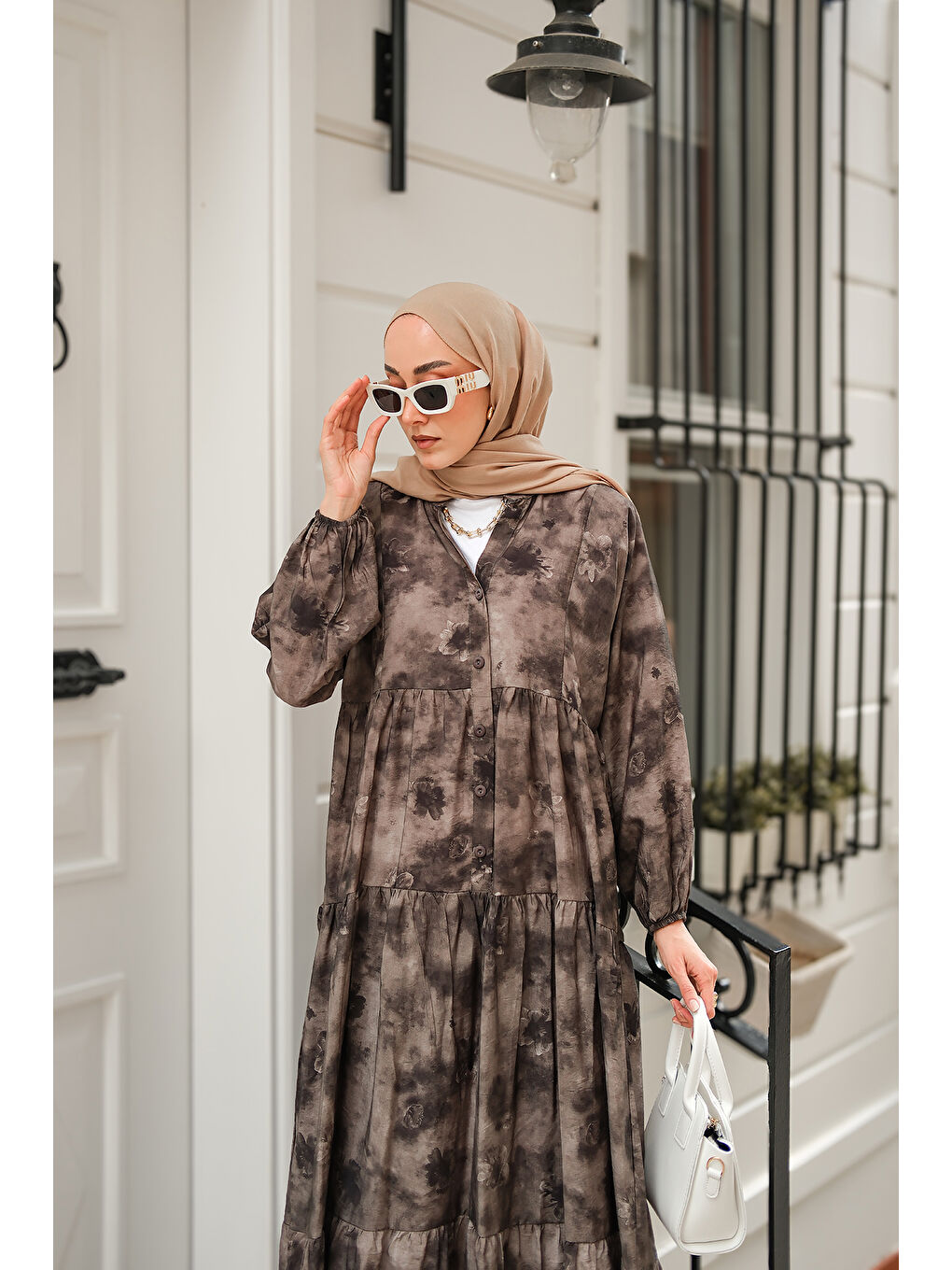 Kadın Sisli Çicek Desenli Elbise Antrasit-1