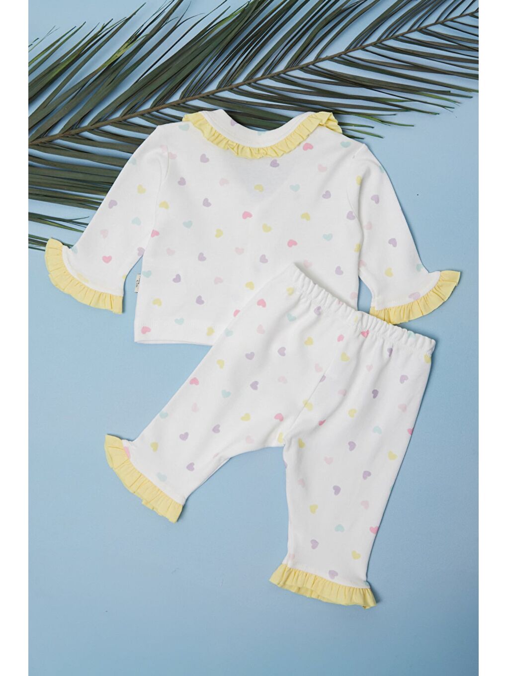 Sarı Bandanalı Kalpli Fırfırlı Kız Çocuk Pijama Takımı-2