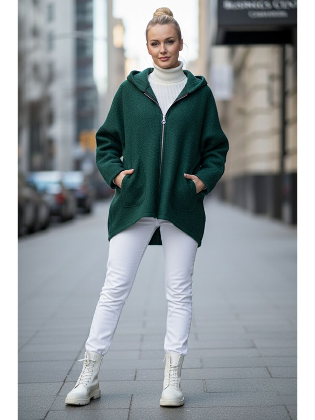 İtalyan Çam Yeşili Kapüşonlu Uzun Kol Fermuarlı Cepli Casual Buklet Oversize Dokuma Ceket 75 80-2