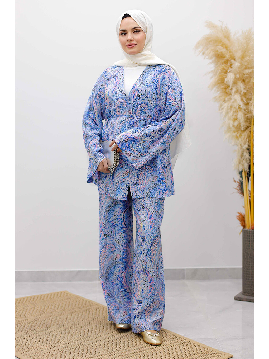 Beli İp Bağlamalı Kimono Takım Tsd250265 Mavi