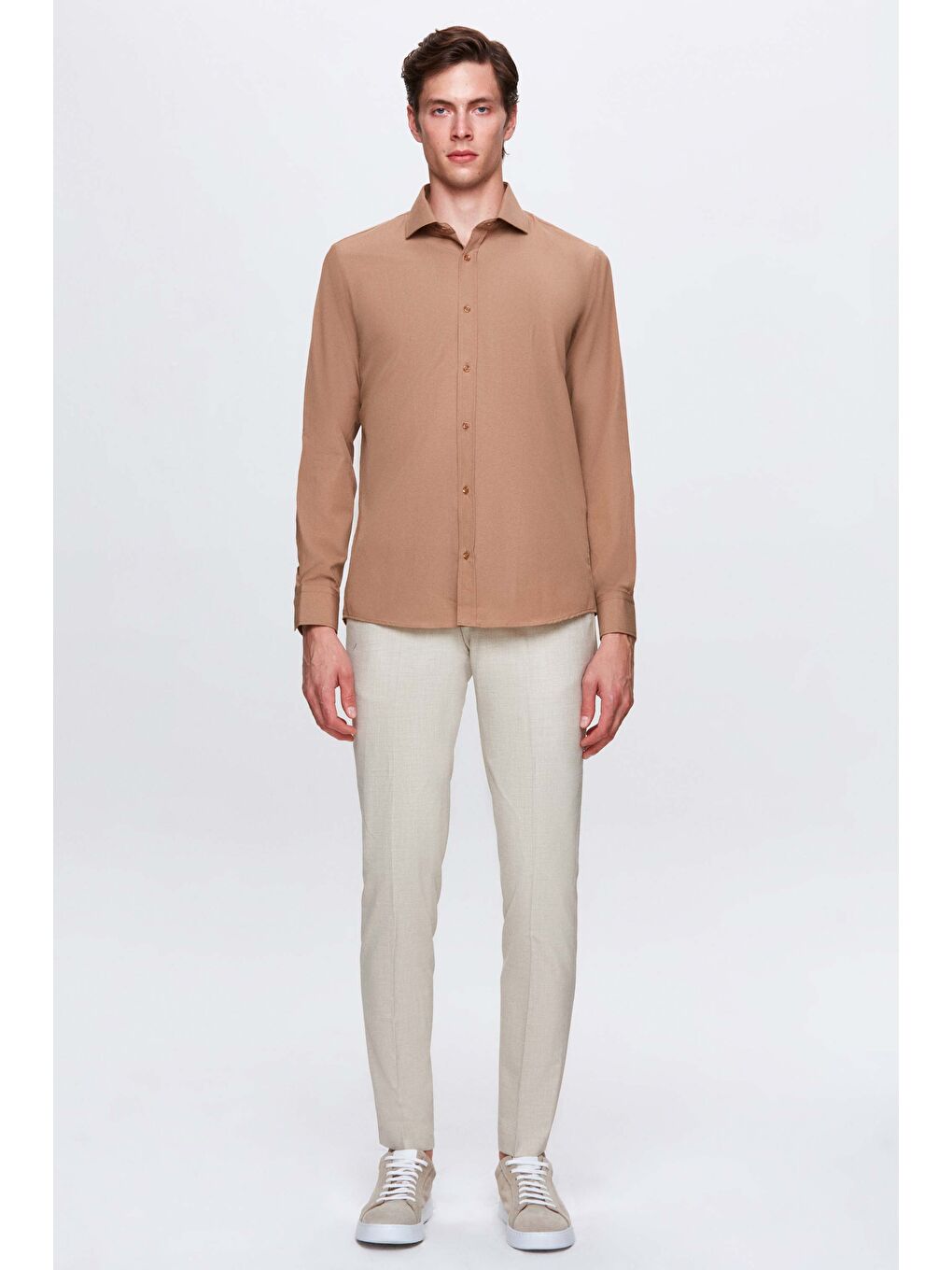 Slim Fit Kahverengi Klasik Kravatlık Uzun Kol Kolay Ütülenebilir Gömlek-3