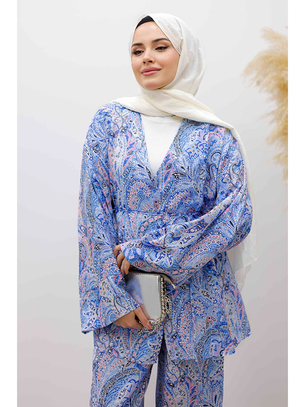 Beli İp Bağlamalı Kimono Takım Tsd250265 Mavi-1