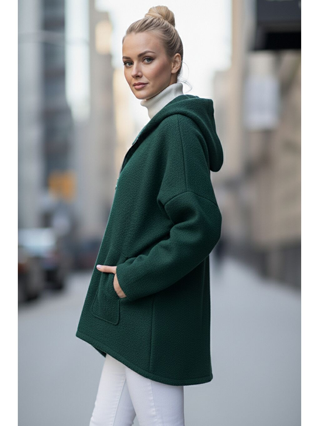 İtalyan Çam Yeşili Kapüşonlu Uzun Kol Fermuarlı Cepli Casual Buklet Oversize Dokuma Ceket 75 80-3
