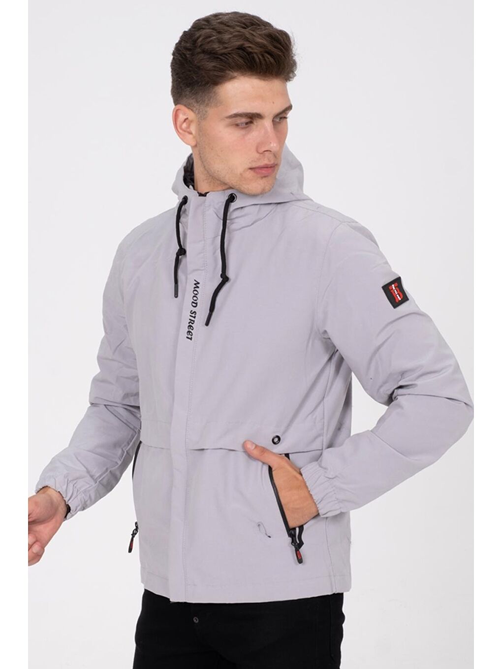 Gri Mood Street Baskılı Su İtici Slim Fit Erkek Yağmurluk Kapüşonlu Mont