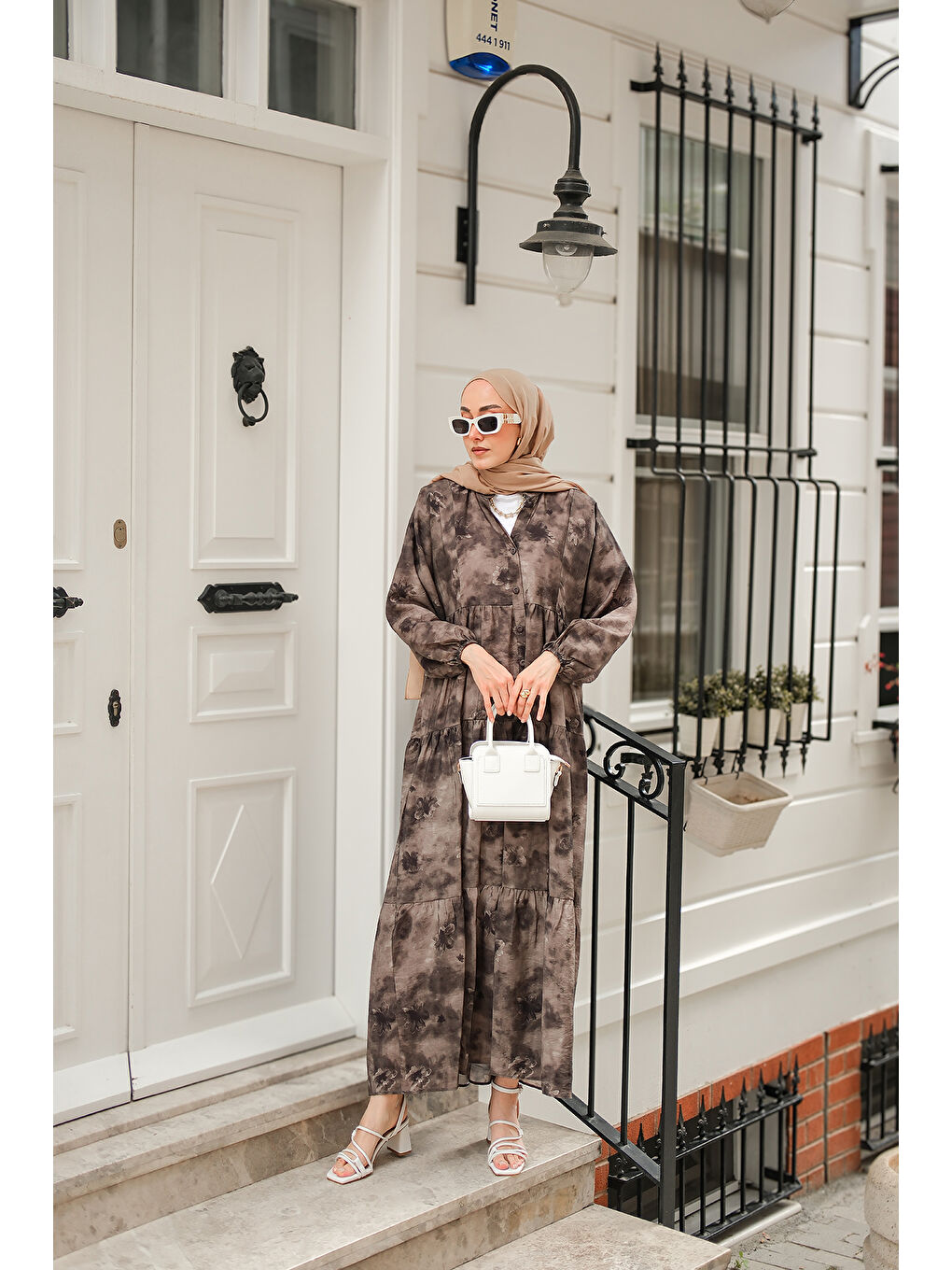 Kadın Sisli Çicek Desenli Elbise Antrasit-2