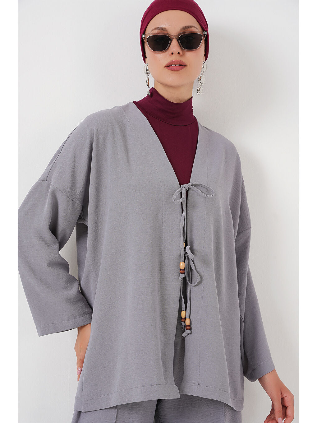 Kadın Ayrobin Kimono Pantolon İkili Takım 6739 - Gri-1