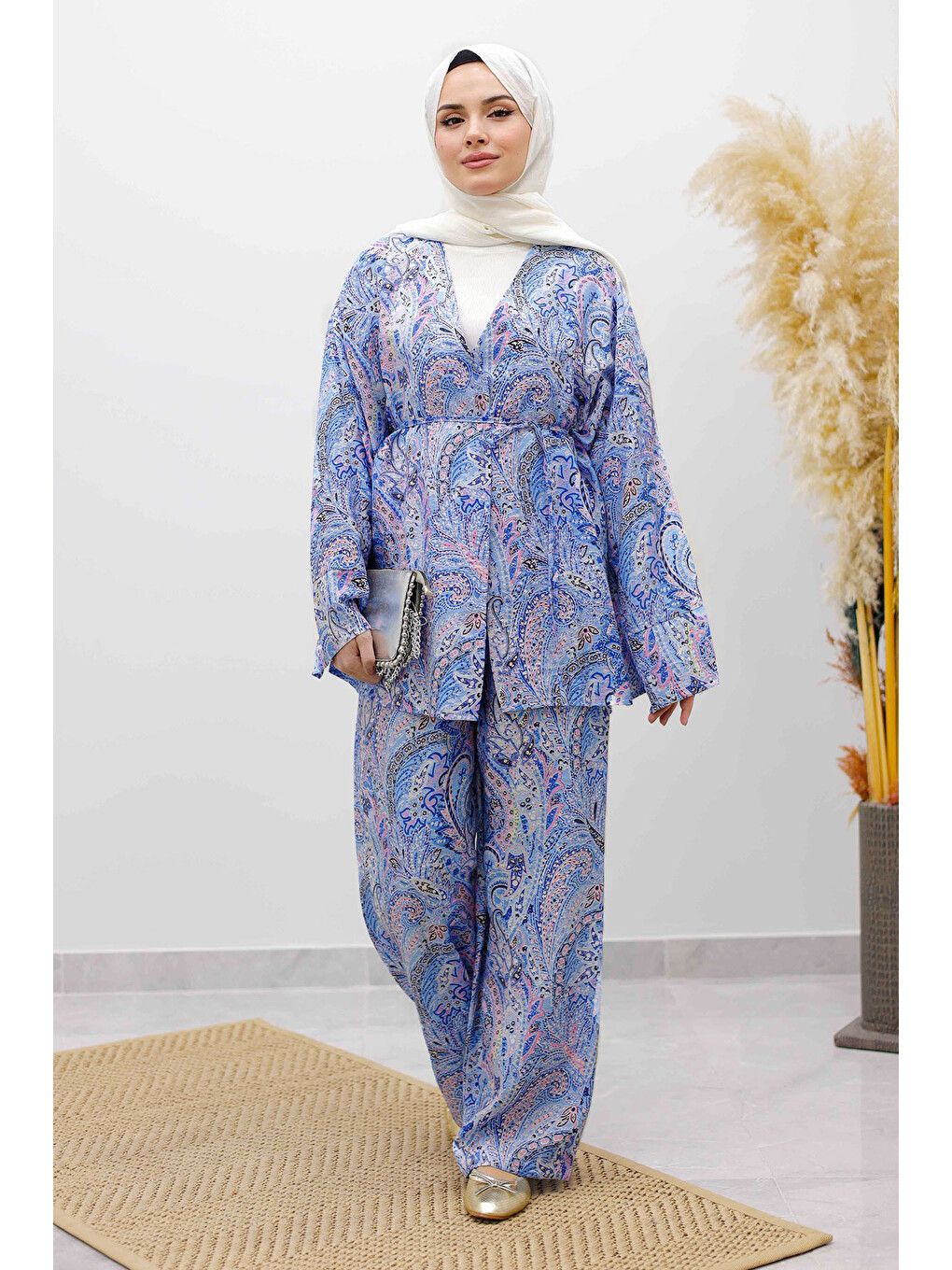 Beli İp Bağlamalı Kimono Takım Tsd250265 Mavi-2
