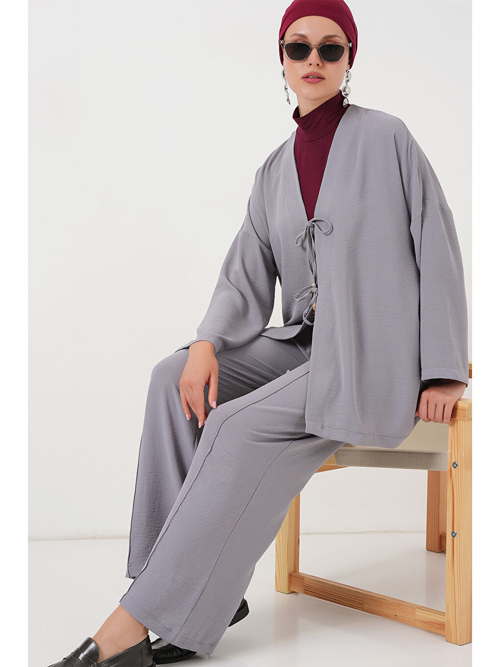 Kadın Ayrobin Kimono Pantolon İkili Takım 6739 - Gri-2